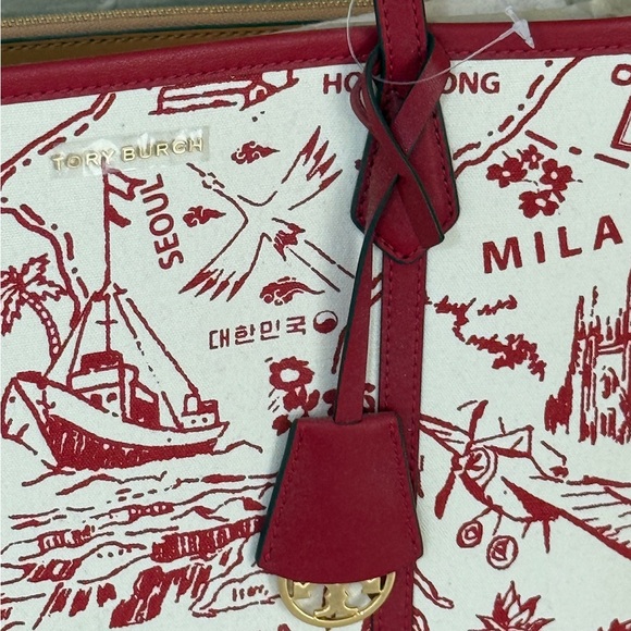 NWT Tory Burch Illustrated Tote in Red Cream highlighting international cities - Picture 12 of 13